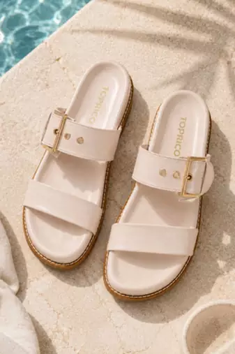 Cream buckle detail faux leather cloud comfort flats for women