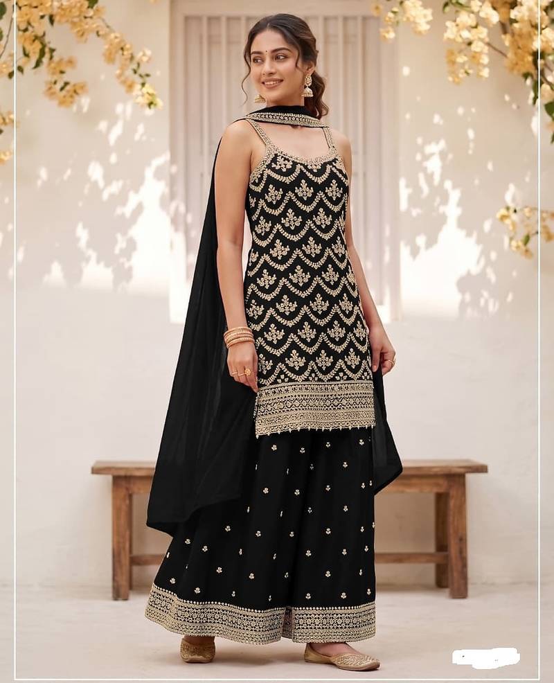 Black chinon embroidered salwar suit with chinon silk dupatta