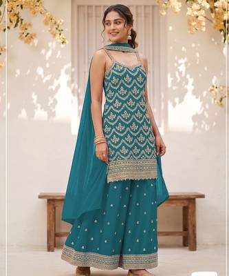Teal blue chinon embroidered salwar suit with chinon silk dupatta 1