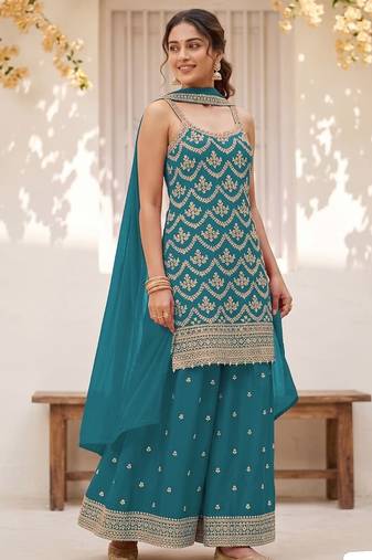Teal blue chinon embroidered salwar suit with chinon silk dupatta