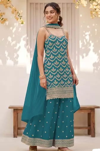 Teal blue chinon embroidered salwar suit with chinon silk dupatta