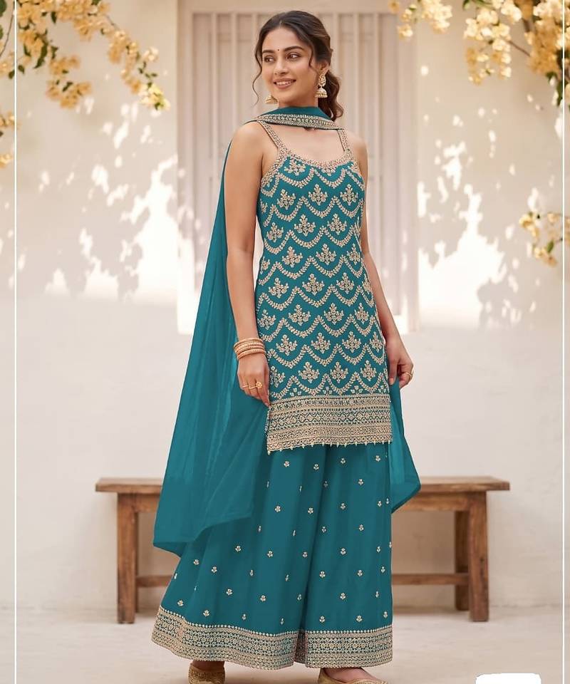 Teal blue chinon embroidered salwar suit with chinon silk dupatta