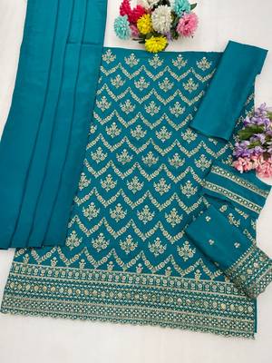 Teal blue chinon embroidered salwar suit with chinon silk dupatta 2