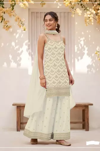 Ivory chinon embroidered salwar suit with chinon silk dupatta