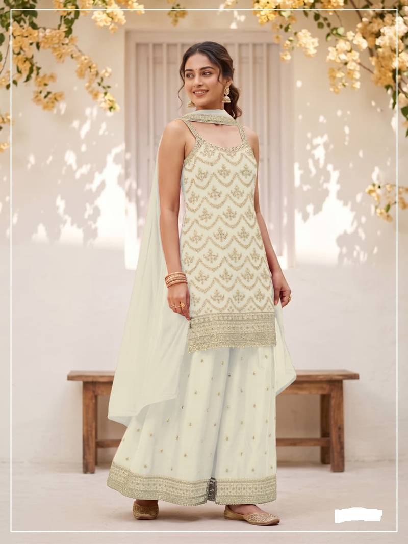 Ivory chinon embroidered salwar suit with chinon silk dupatta