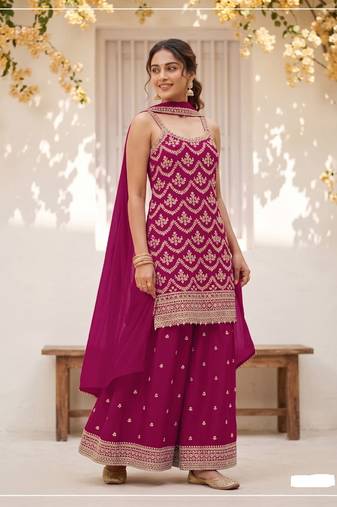 Rani pink chinon embroidered salwar suit with chinon silk dupatta