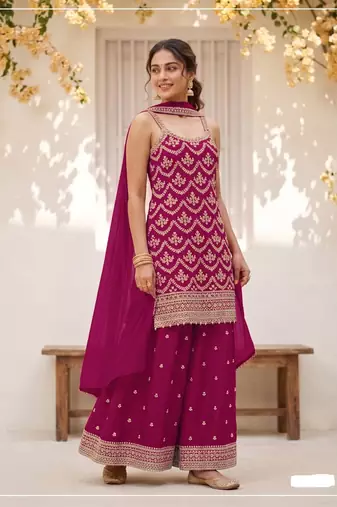Rani pink chinon embroidered salwar suit with chinon silk dupatta