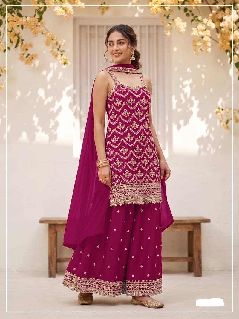Rani pink chinon embroidered salwar suit with chinon silk dupatta