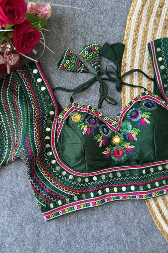 Green navratri special italian silkblend mumtaz blouse with real multi mirror work