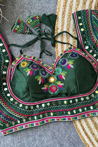 Green navratri special italian silkblend mumtaz blouse with real multi mirror work
