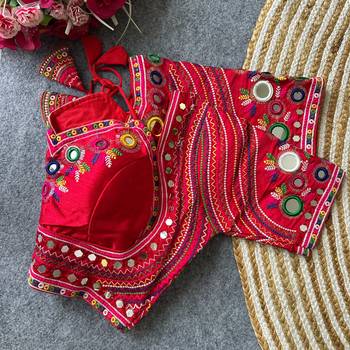 Red navratri special italian silkblend mumtaz blouse with real multi mirror work 3