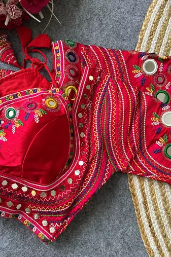 Red navratri special italian silkblend mumtaz blouse with real multi mirror work