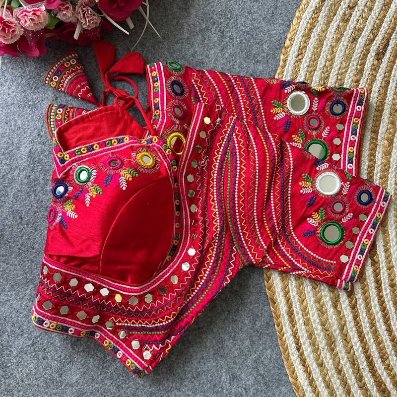 Red navratri special italian silkblend mumtaz blouse with real multi mirror work