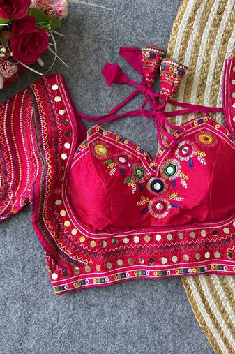 Rani pink navratri special italian silkblend mumtaz blouse with real multi mirror work