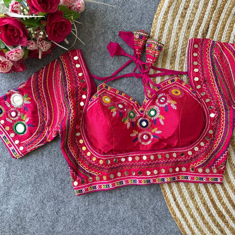 Rani pink navratri special italian silkblend mumtaz blouse with real multi mirror work