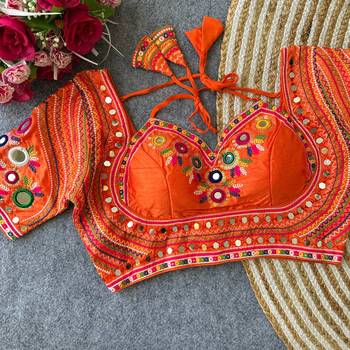 Orange navratri special italian silkblend mumtaz blouse with real multi mirror work 2