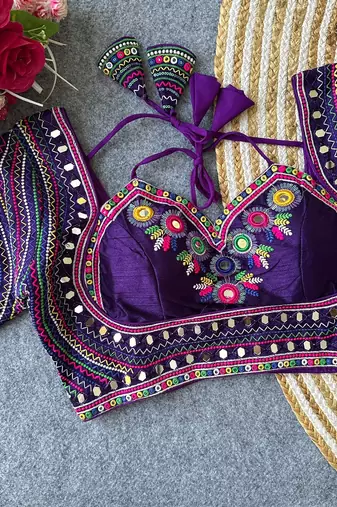 Purple navratri special italian silkblend mumtaz blouse with real multi mirror work