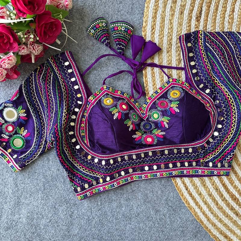 Purple navratri special italian silkblend mumtaz blouse with real multi mirror work