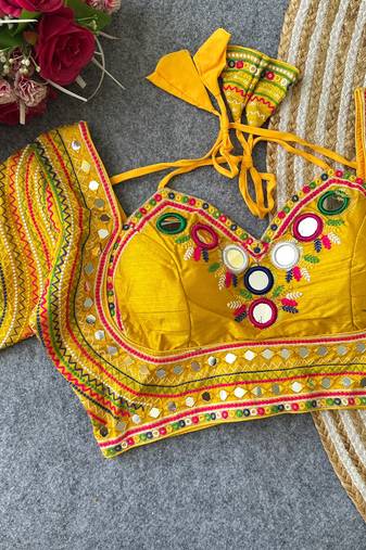Yellow navratri special italian silkblend mumtaz blouse with real multi mirror work