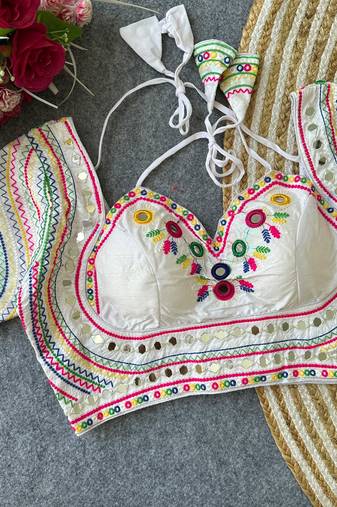 White navratri special italian silkblend mumtaz blouse with real multi mirror work