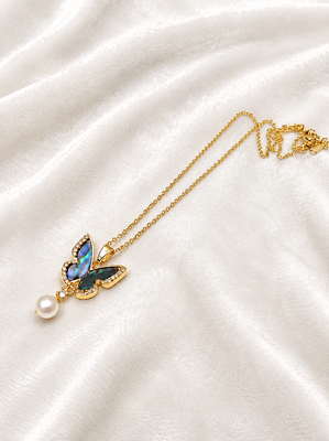 Butterfly pendant necklace with abalone shell and pearl drop 1