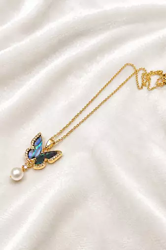 Butterfly pendant necklace with abalone shell and pearl drop