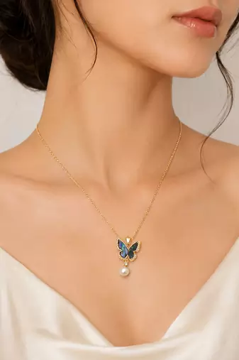 Butterfly pendant necklace with abalone shell and pearl drop