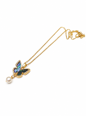 Butterfly pendant necklace with abalone shell and pearl drop 3