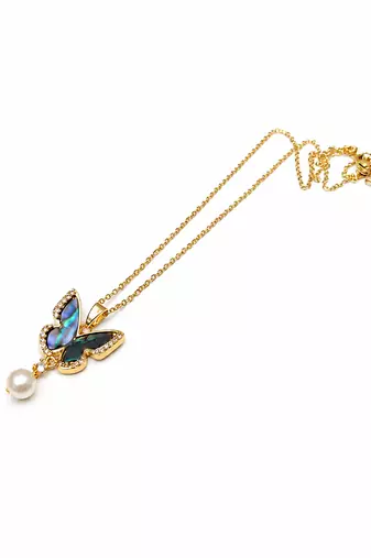 Butterfly pendant necklace with abalone shell and pearl drop