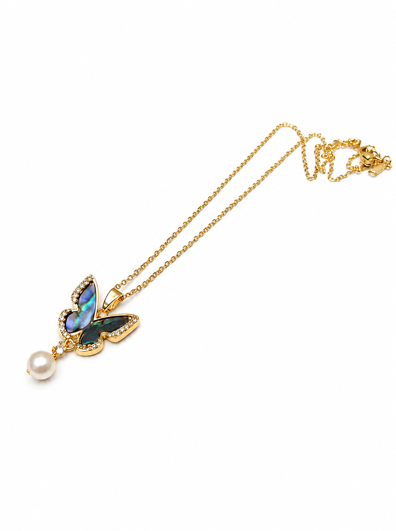 Butterfly pendant necklace with abalone shell and pearl drop