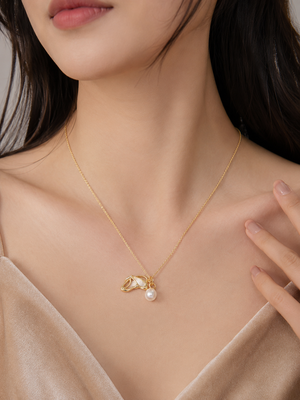 Gold-tone pearl pendant necklace with shell charm and crystal 2
