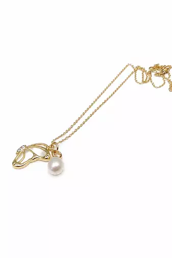 Gold-tone pearl pendant necklace with shell charm and crystal