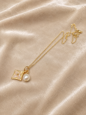 Gold-tone flower charm and pearl pendant necklace 1