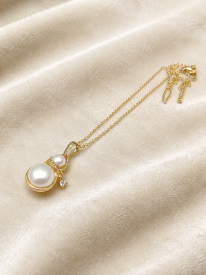 Double pearl pendant necklace with crystal charm, gold-tone 1