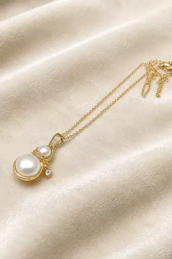 Double pearl pendant necklace with crystal charm, gold-tone