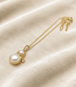 Double pearl pendant necklace with crystal charm, gold-tone