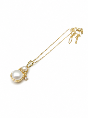 Double pearl pendant necklace with crystal charm, gold-tone 3