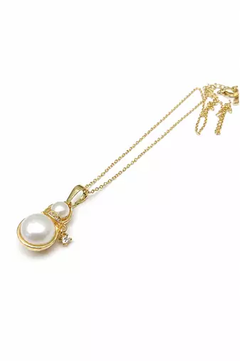 Double pearl pendant necklace with crystal charm, gold-tone