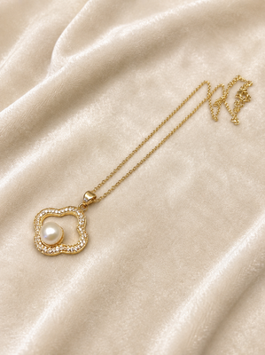 Gold-tone clover pearl pendant necklace with crystal accents 1