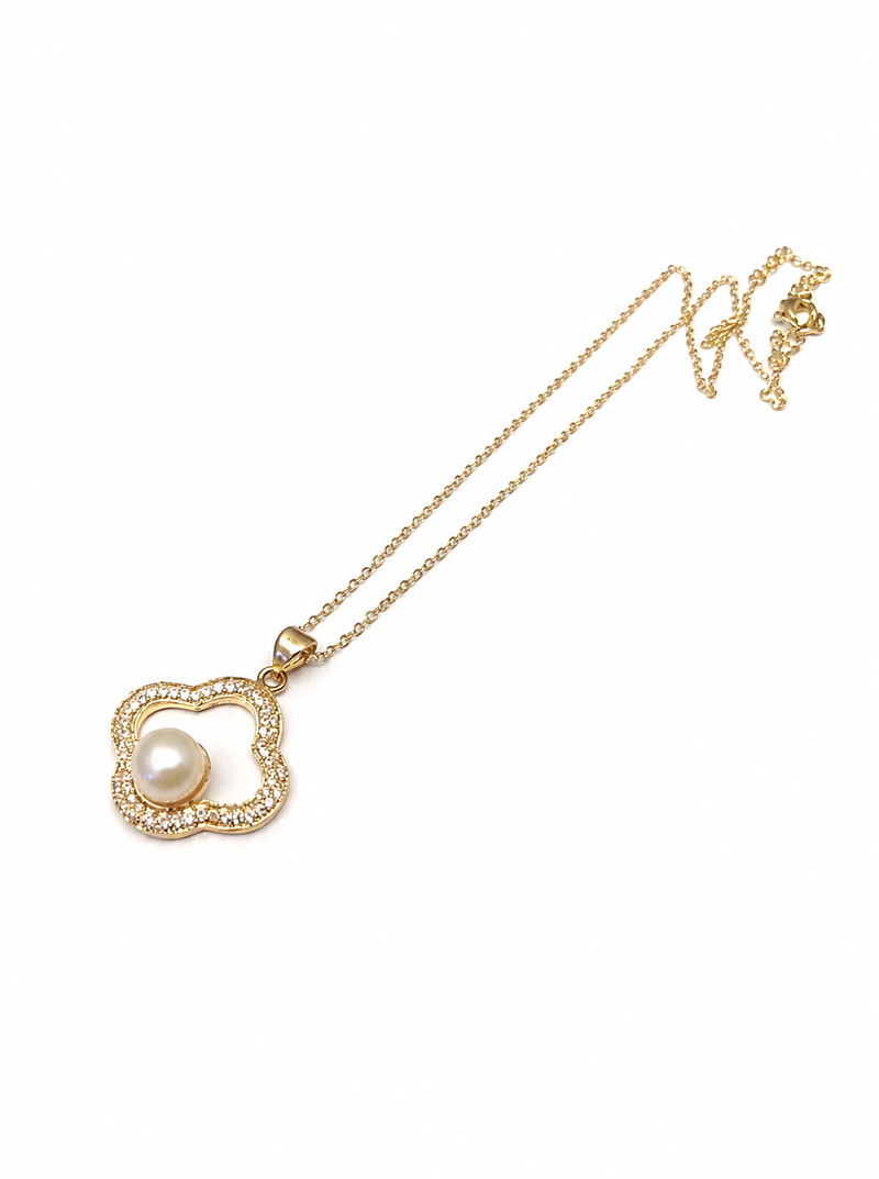 Gold-tone clover pearl pendant necklace with crystal accents