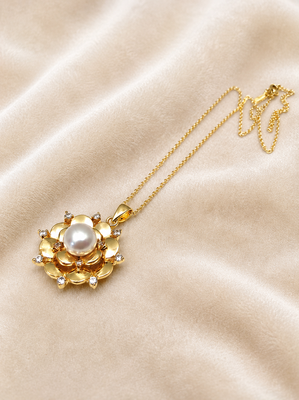 Gold-tone floral pearl pendant necklace with crystal accents 1