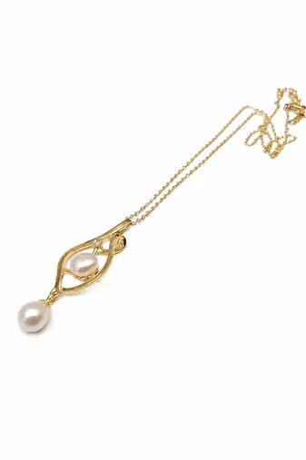 Double pearl pendant necklace with gold-tone chain