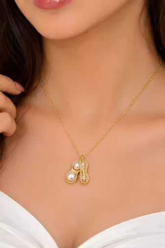 Pearl & crystal peanut shape pendant necklace, gold tone