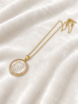 Round mother of pearl pendant necklace with cz halo, gold 1