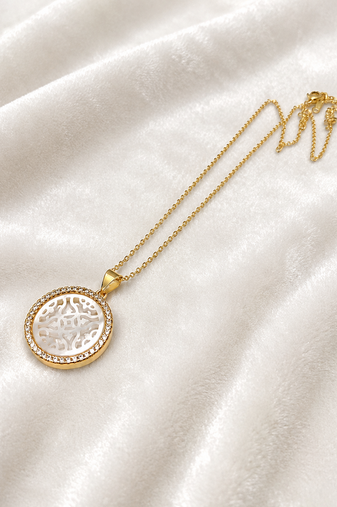 Round mother of pearl pendant necklace with cz halo, gold