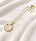 Round mother of pearl pendant necklace with cz halo, gold