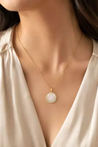 Round mother of pearl pendant necklace with cz halo, gold