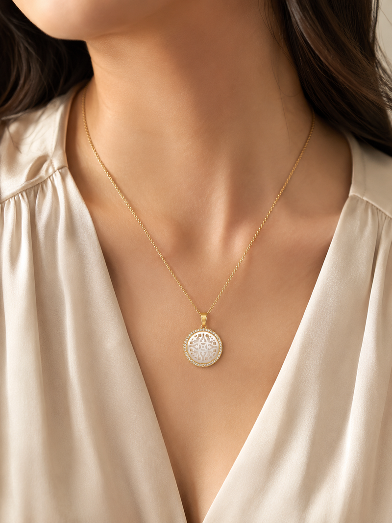 Round mother of pearl pendant necklace with cz halo, gold