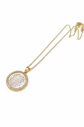 Round mother of pearl pendant necklace with cz halo, gold