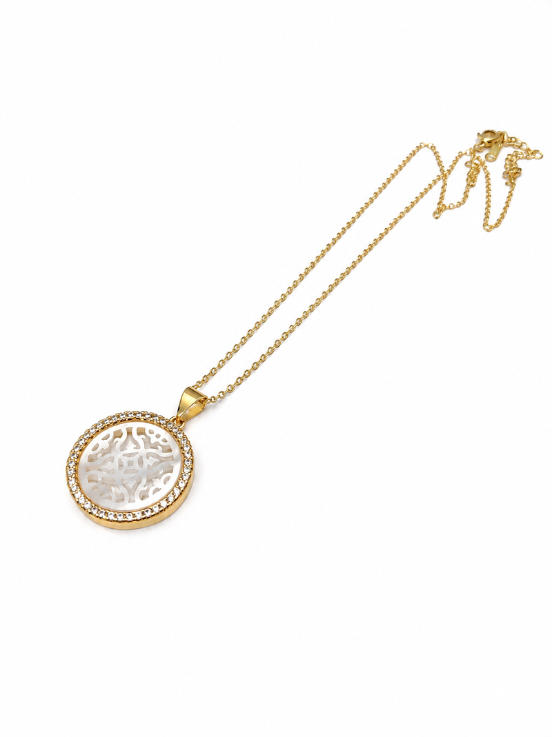 Round mother of pearl pendant necklace with cz halo, gold